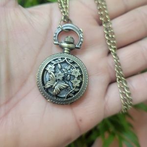 Antique Brass Butterfly Pocket Watch Locket Necklace Locket Engraved Necklace